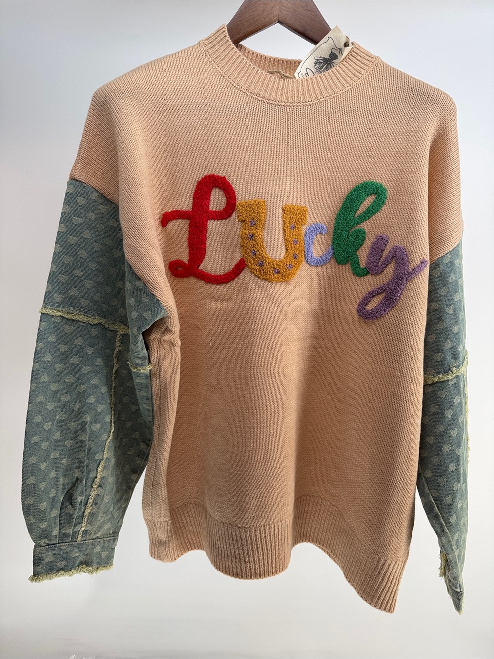 Beige Crewneck Sweater with Multicolor Embroidered Script